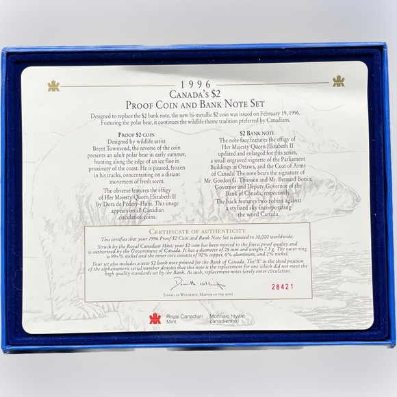 1996 CANADA’S $2 Proof Coin & Bank Note Set - limited edition. - Picture 6 of 6